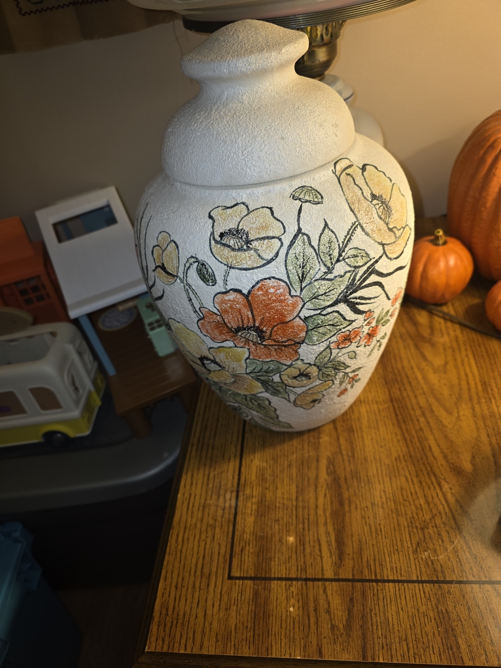 MCM White Textured Floral Ginger Jar with Handpainted Poppies